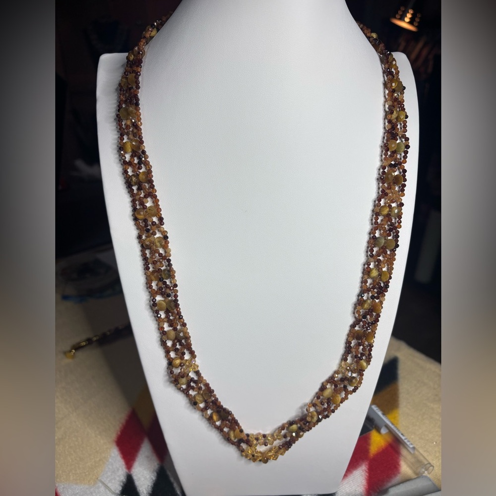Hand crafted 28 inch beaded necklace Hessonite garnet and tiger eye and bicones